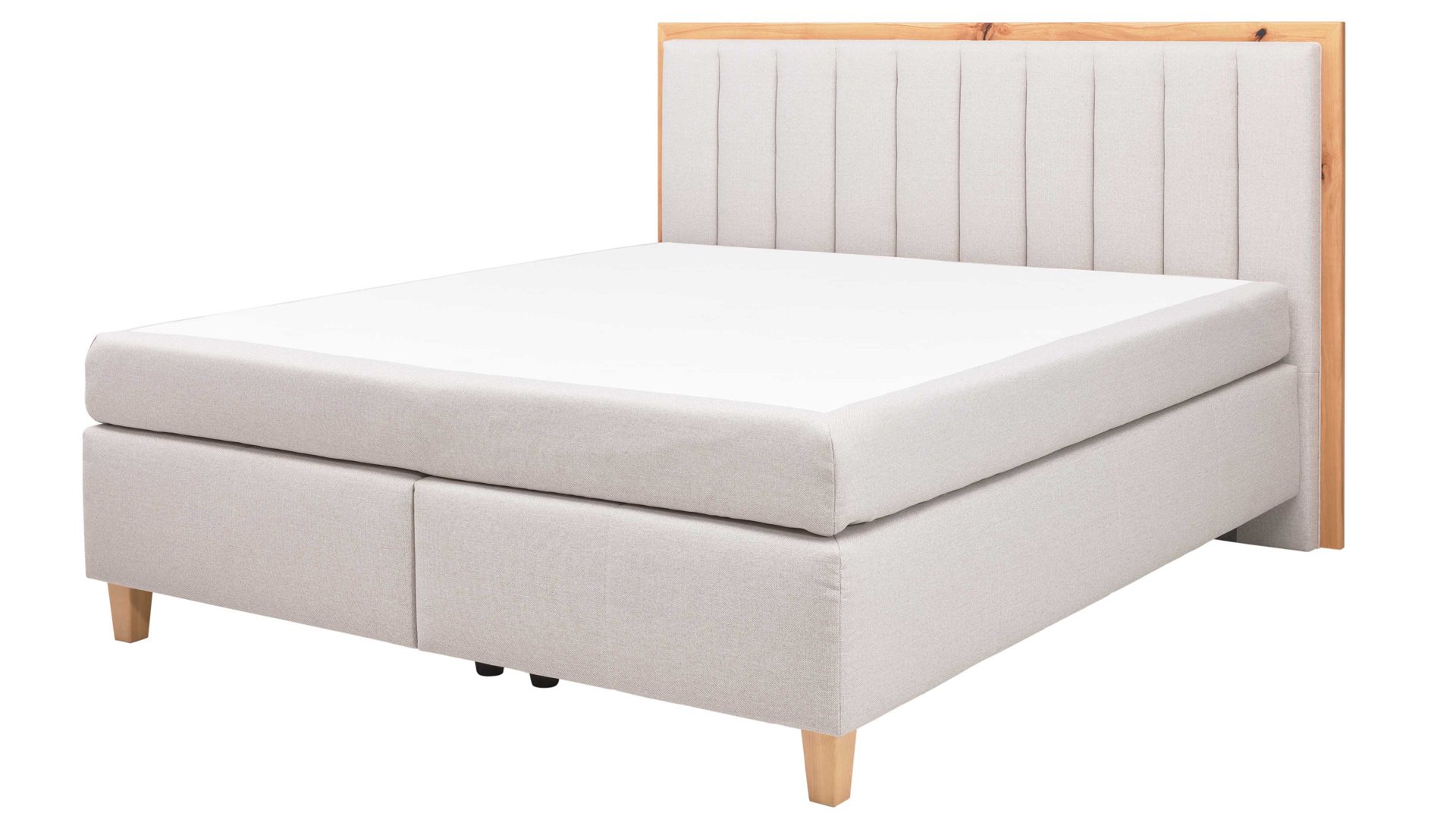 Boxspringbett Interliving aus Stoff in Beige Interliving Boxspringbett Serie 1415 - Boxspringbett mit Holzakzenten hellbeiger Stoffbezug TBB 2 & Holzfuß H72 - Liegefläche ca. 180 x 200 cm