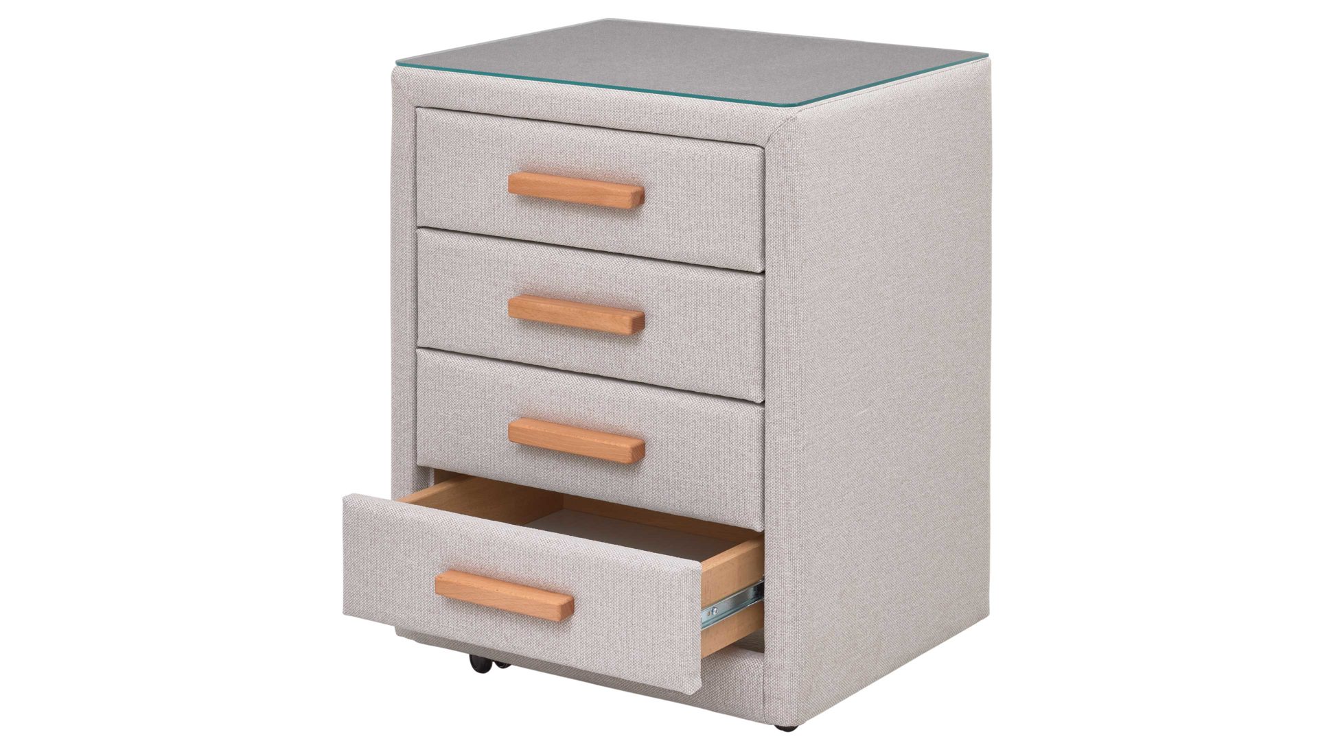 Nachtkommode Interliving aus Stoff in Beige Interliving Boxspringbett Serie 1415 - Nachtkommode hellbeiger Stoffbezug TBB 2 - vier Schubladen