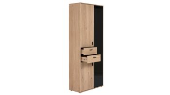 Vitrine Interliving aus Holz in Holzfarben Interliving Wohnzimmer Serie 2024 - Vitrine 12 Eiche & Schwarzglas - drei Türen, zwei Schubladen, Breite ca. 85 cm
