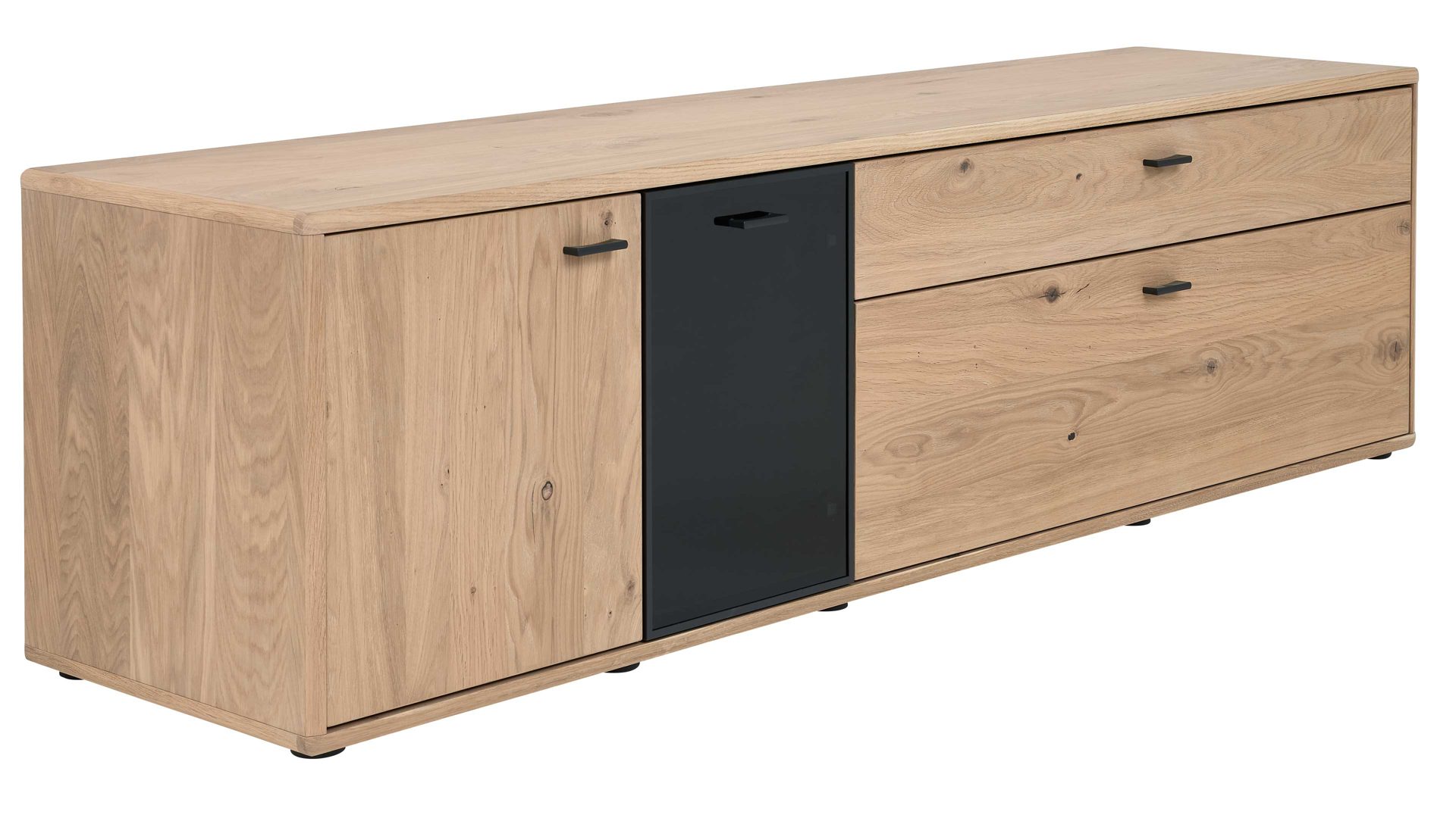 Lowboard Interliving aus Holz in Holzfarben Interliving Wohnzimmer Serie 2024 - TV-Element 03 Eiche & Schwarzglas -zwei Türen, zwei Schubladen, Breite ca. 205 cm