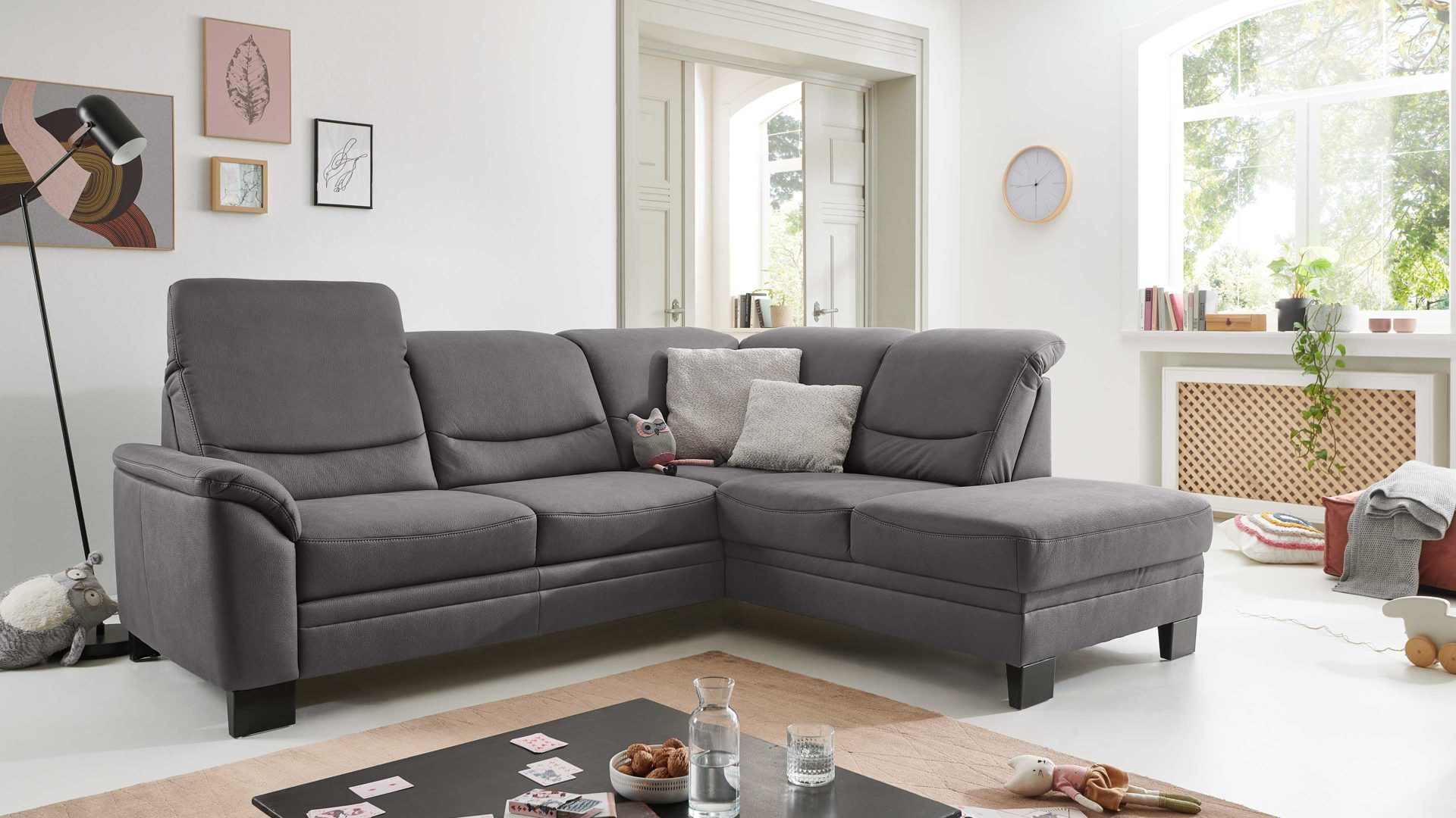 Ecksofa modulmaster aus Stoff in Grau Modulmaster MM-PP1133 - Ecksofa graue Mikrofaser Mammut & schwarze Metallfüße - Stellfläche ca. 254 x 212 cm