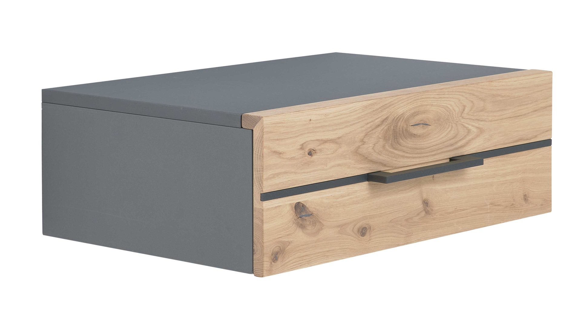 Nachtkommode Interliving aus Holz in Holzfarben Interliving Schlafzimmer Serie 1029 – Hängekonsole 528736 rechts, eine Schublade - Wildeiche & Graphit