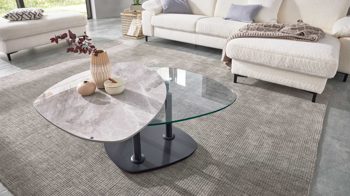 Couchtisch Interliving aus Keramik in Hellgrau Interliving Couchtisch Serie 6219 - Funktions-Couchtisch Marmoroptik Emperador & schwarzer Stahl - ca. 88 x 75 cm