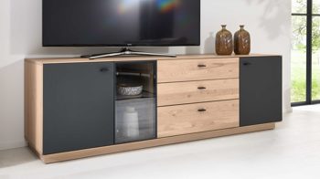 Lowboard Interliving aus Holz in Holzfarben Interliving Wohnzimmer Serie 2025 - Lowboard Wildeiche, Anthrazit & Kork - Breite ca. 195 cm