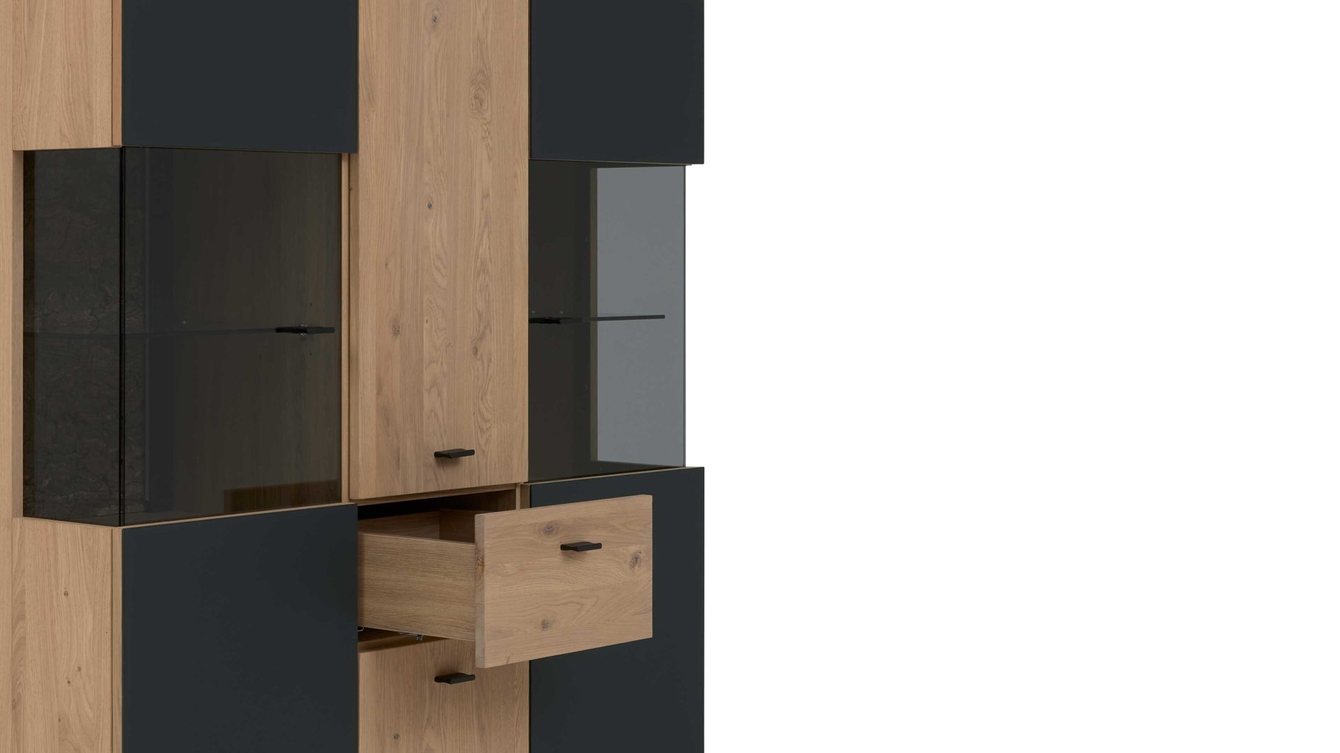 Highboard Interliving aus Holz in Holzfarben Interliving Wohnzimmer Serie 2025 - Highboard 22 Wildeiche, Anthrazit & Kork - vier Türen, eine Schublade, Breite ca. 116 cm