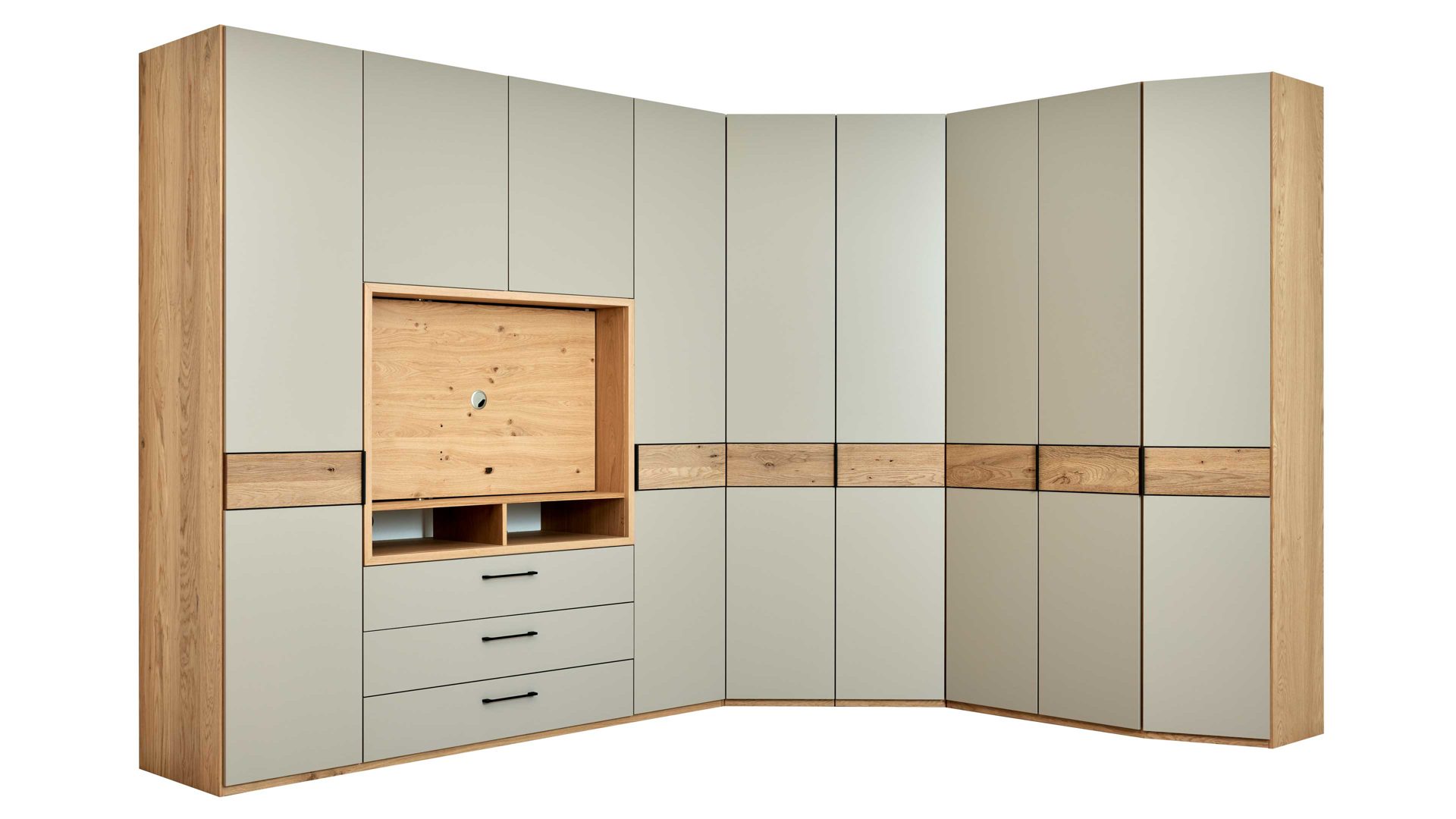 Kleiderschrank Interliving aus Holz in Grau Interliving Kleiderschrank Serie 1207 – Eckschrank Taupe & Balkeneiche - Stellfläche ca. 293 x 252 cm