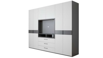 Kleiderschrank Interliving aus Holz in Grau Interliving Kleiderschrank Serie 1207 – Kleiderschrank mit TV-Nische Weiß & Manhattan – sechs Türen, zwei Schubladen, Breite ca. 300 cm