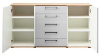 Kombikommode Interliving aus Holz in Hellgrau Interliving Kleiderschrank Serie 1207 – Kombikommode Satingrau & Wildeiche – zwei Türen, fünf Schubladen, Breite ca. 151 cm