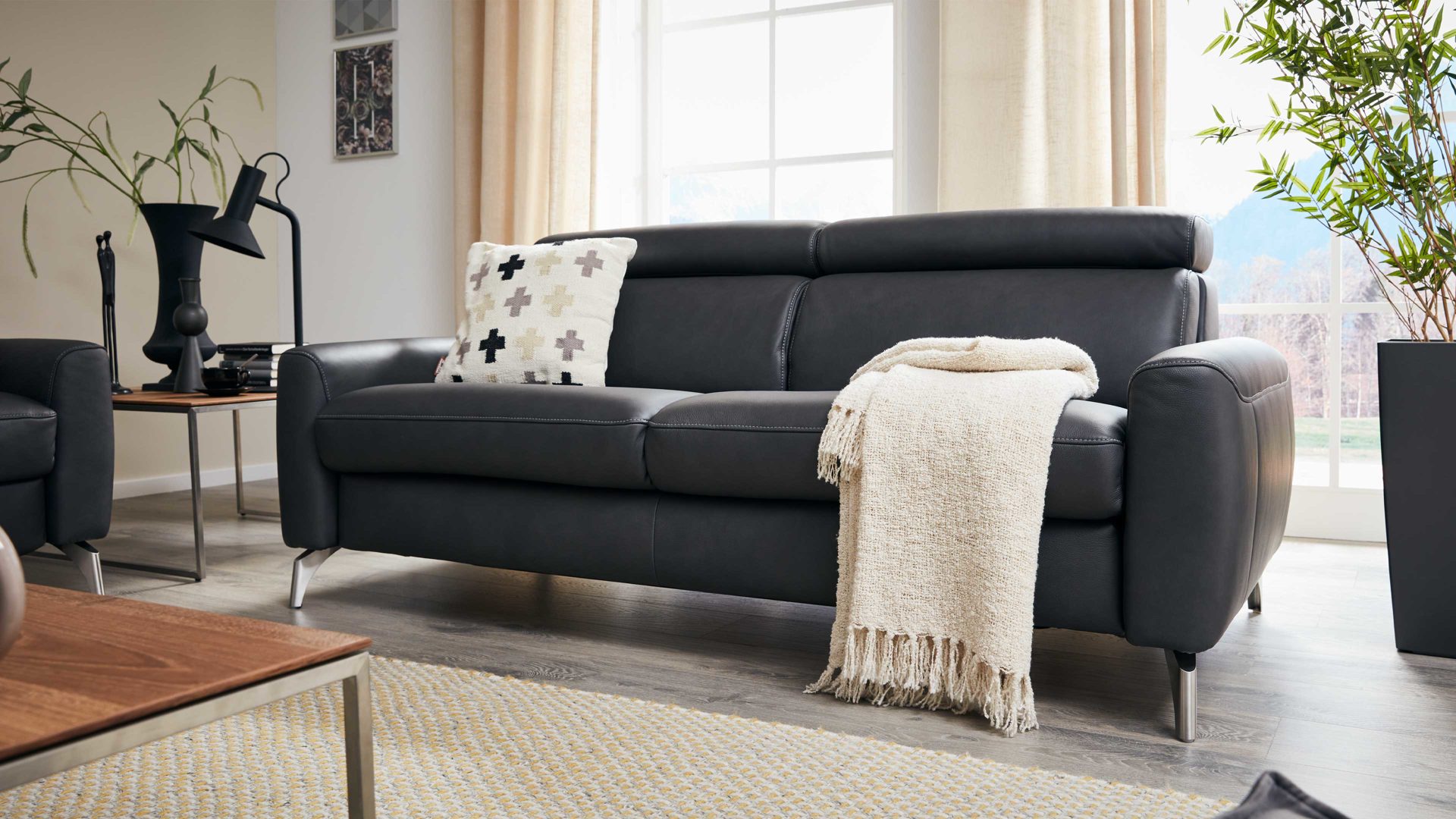 Zweisitzer comfortmaster besser sitzen, liegen, leben aus Leder in Schwarz Comfortmaster 1181 Spektra - Zweisitzer 364 M kohlefarbenes LongLife-Leder LG18 – Breite ca. 175 cm