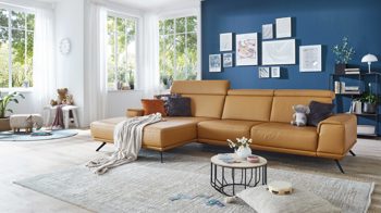 Ecksofa modulmaster aus Leder in Orange Modulmaster MM-PN1167 - Ecksofa kurkumafarbenes Leder Torro & schwarze Metallfüße - Stellfläche ca. 188 x 335 cm