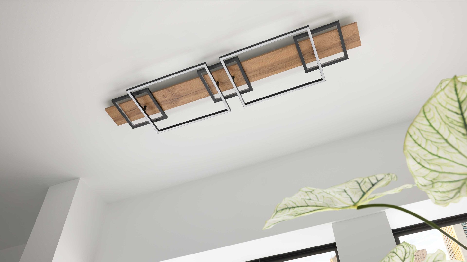 Deckenleuchte Interliving aus Metall in Schwarz Interliving Leuchten Serie 9342 - Deckenlampe dunkles Holz & mattschwarzes Metall - Länge ca. 125 cm