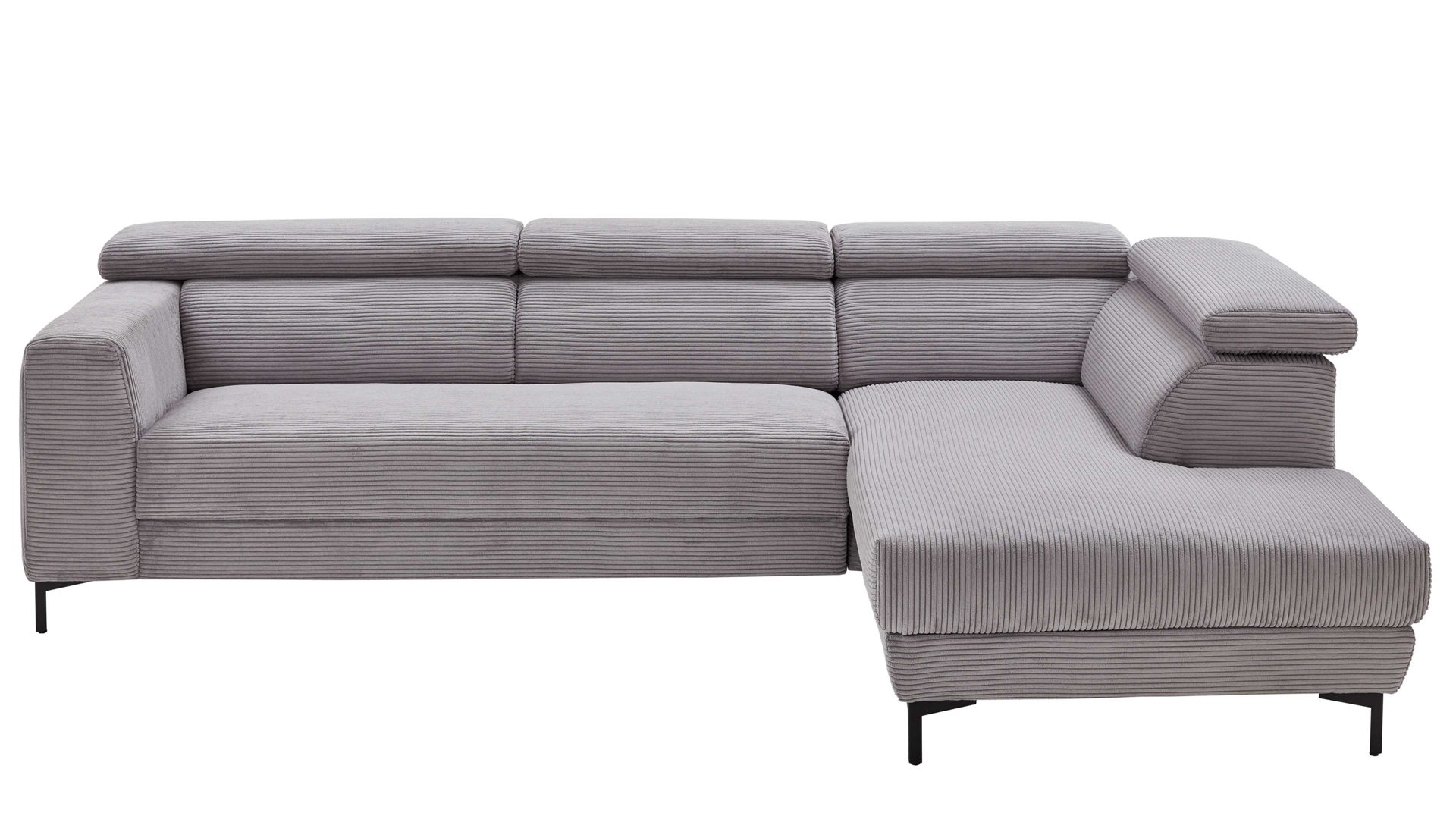 Ecksofa KAWOO aus Stoff in Grau KAWOO Serie 7539 - Ecksofa mit Funktionen platingrauer Breitcord GCT 49 & schwarze Metallfüße - Stellfläche ca. 293 x 201 cm