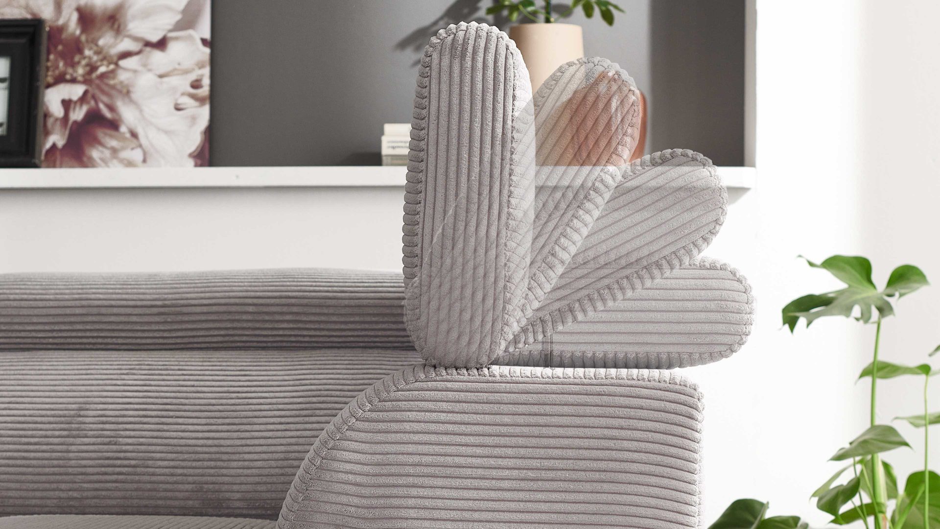 Ecksofa KAWOO aus Stoff in Grau KAWOO Serie 7539 - Ecksofa mit Funktionen platingrauer Breitcord GCT 49 & schwarze Metallfüße - Stellfläche ca. 293 x 201 cm