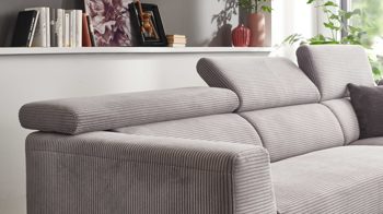 Ecksofa KAWOO aus Stoff in Grau KAWOO Serie 7539 - Ecksofa mit Funktionen platingrauer Breitcord GCT 49 & schwarze Metallfüße - Stellfläche ca. 293 x 201 cm