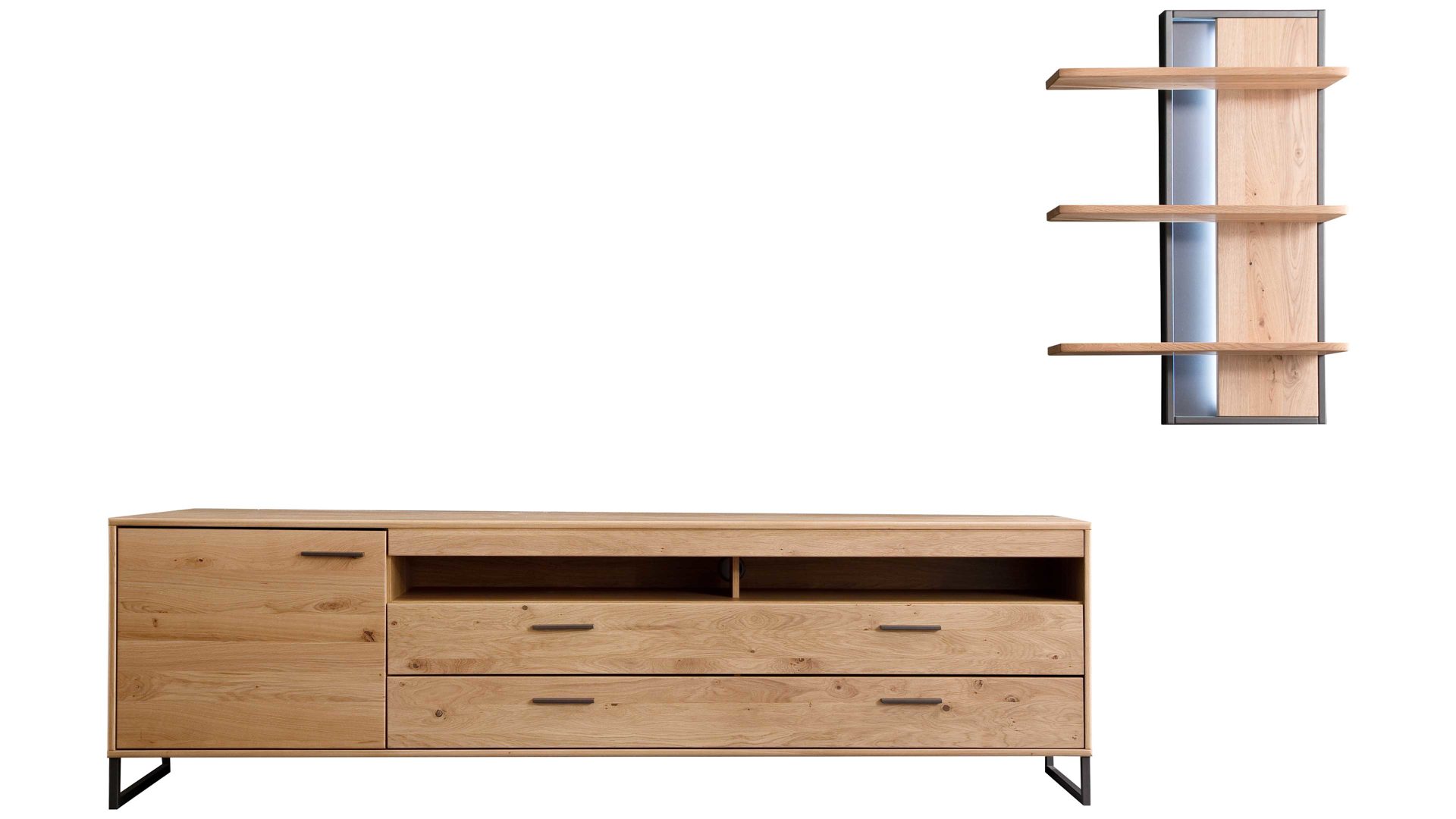 Wohnwand Mca furniture aus Holz in Holzfarben Wohnprogramm Portland - Wohnkombination III Asteiche bianco & Anthrazit – zweiteilig, Breite ca. 265 cm