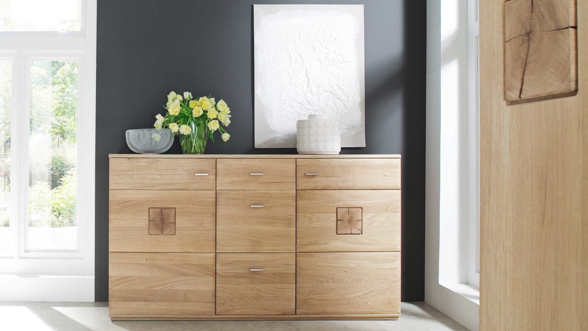 Sideboard Mca furniture aus Holz in Holzfarben Wohnprogramm Bologna - Sideboard Eiche Bianco & Hirnholz – drei Türen, drei Schubladen, Breite ca. 165 cm