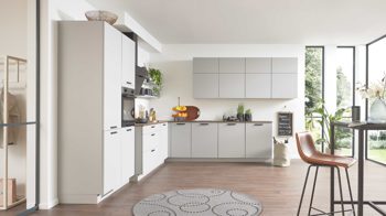 Einbauküche culineo® aus Holz in Hellgrau Culineo® Einbauküche C317 mit beko Einbaugeräten Steingrau & Eiche Sierra - Stellfläche ca. 365 x 363 cm