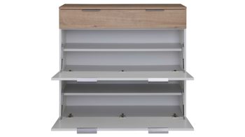 Schuhschrank Interliving aus Holz in Weiß Interliving Garderobe Serie 6012 - Schuhschrank weißer Mattlack & Steineiche - eine Schublade, zwei Klappen, Breite ca. 120 cm