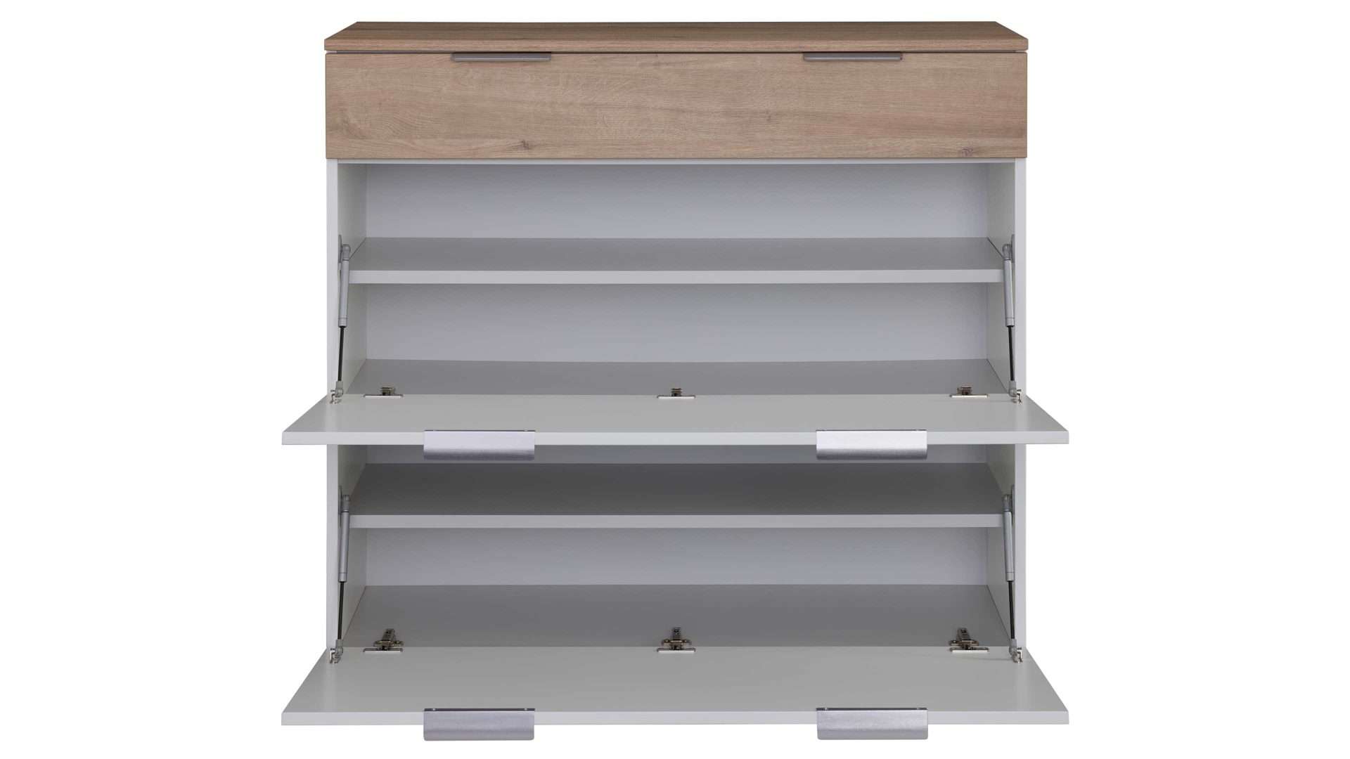 Schuhschrank Interliving aus Holz in Weiß Interliving Garderobe Serie 6012 - Schuhschrank weißer Mattlack & Steineiche - eine Schublade, zwei Klappen, Breite ca. 120 cm