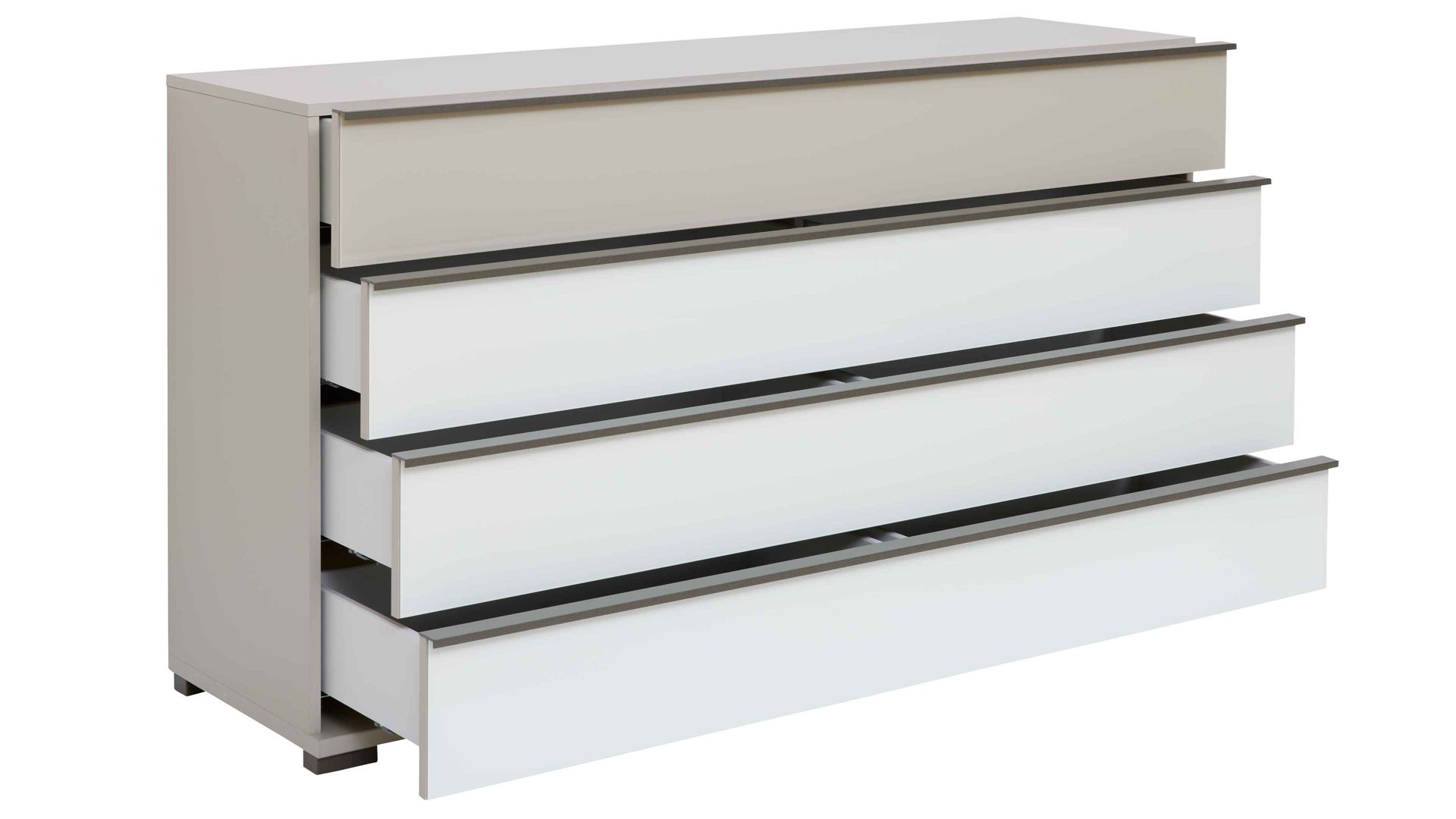 Schubladenkommode Interliving aus Holz in Hellgrau Interliving Schlafzimmer Serie 1032 – Schubladenkommode Kieselgrau & Weiß - vier Schubladen, Breite ca. 149 cm
