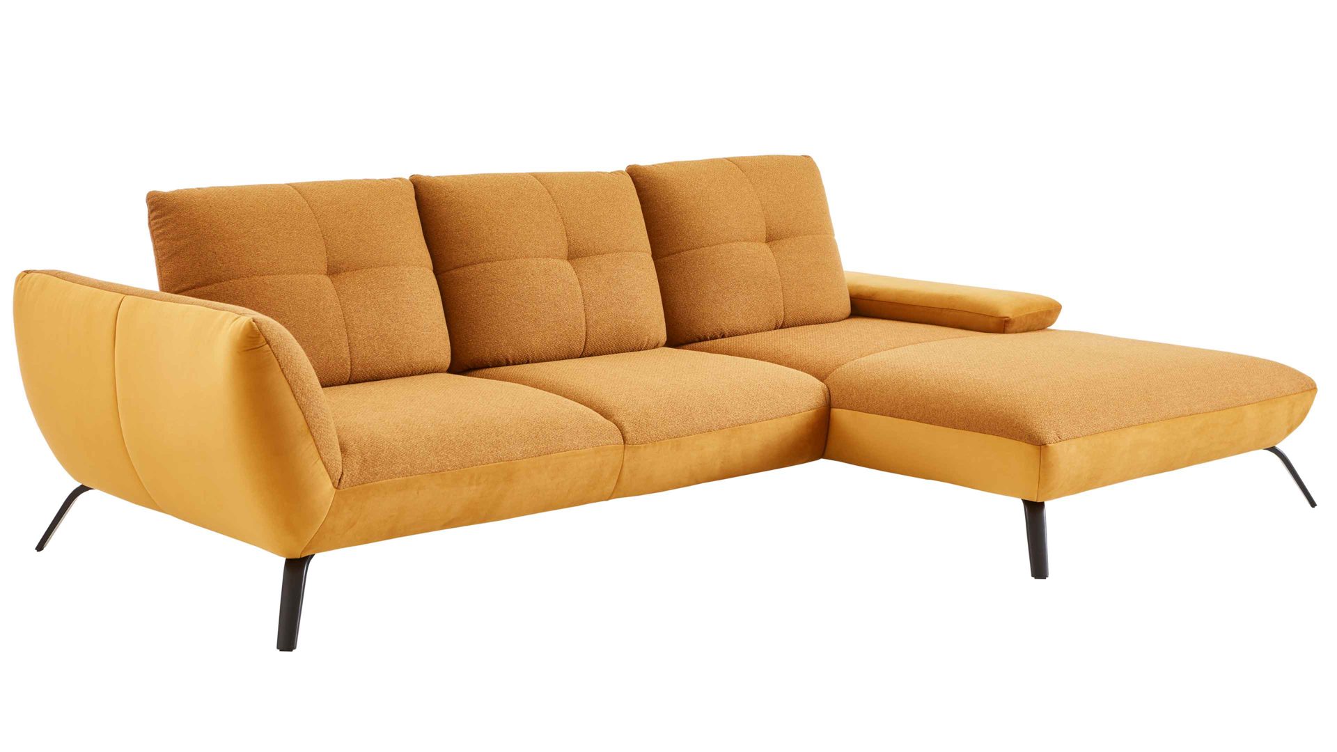 Ecksofa KAWOO aus Stoff in Gelb KAWOO Polsterprogramm Dover XC - Ecksofa senffarbener Bezug Portofino & goldfarbene Maschenware Riviera - Stellfläche ca. 301 x 191 cm