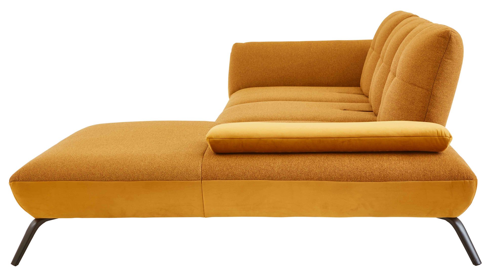 Ecksofa KAWOO aus Stoff in Gelb KAWOO Polsterprogramm Dover XC - Ecksofa senffarbener Bezug Portofino & goldfarbene Maschenware Riviera - Stellfläche ca. 301 x 191 cm