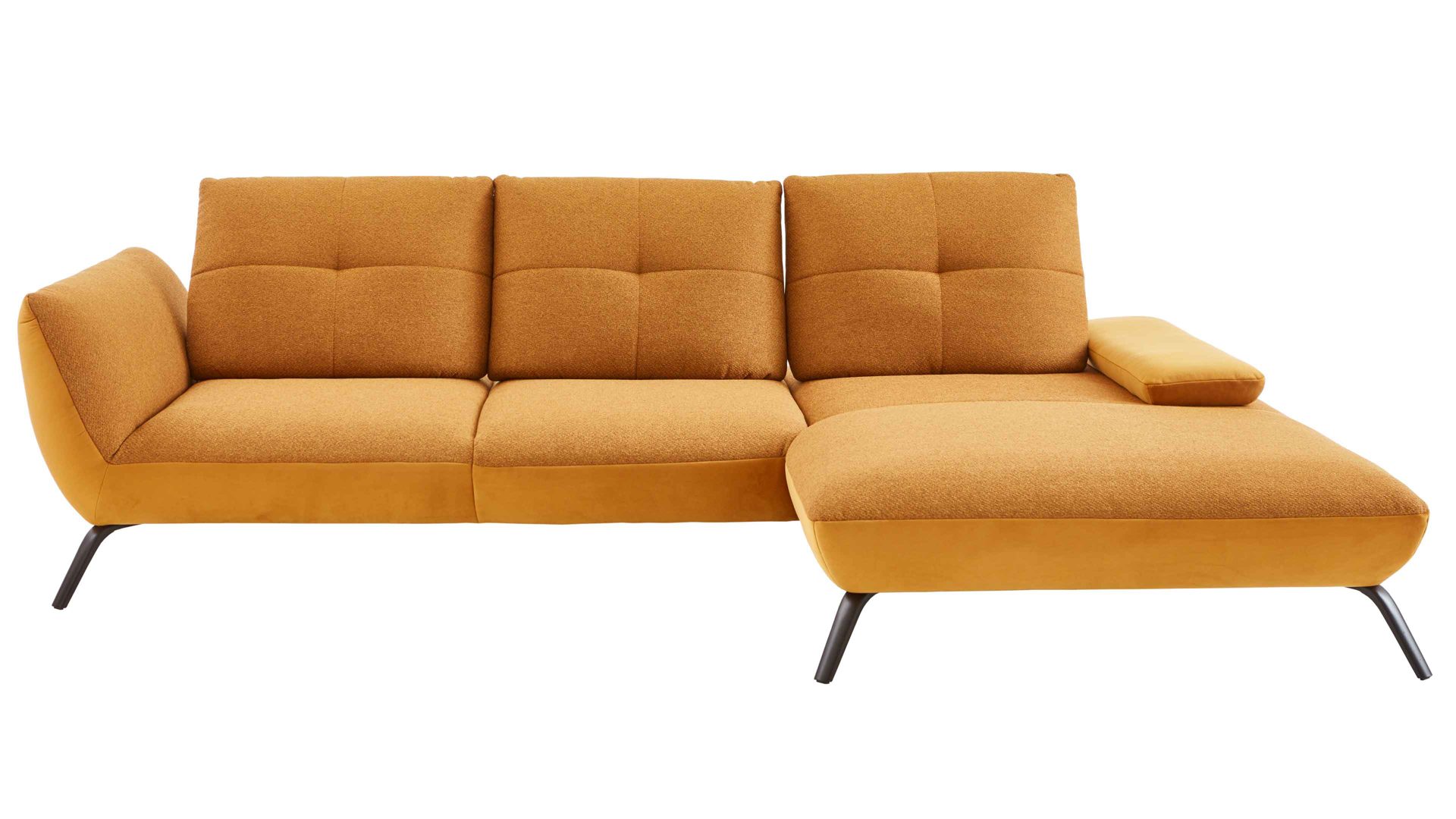 Ecksofa KAWOO aus Stoff in Gelb KAWOO Polsterprogramm Dover XC - Ecksofa senffarbener Bezug Portofino & goldfarbene Maschenware Riviera - Stellfläche ca. 301 x 191 cm