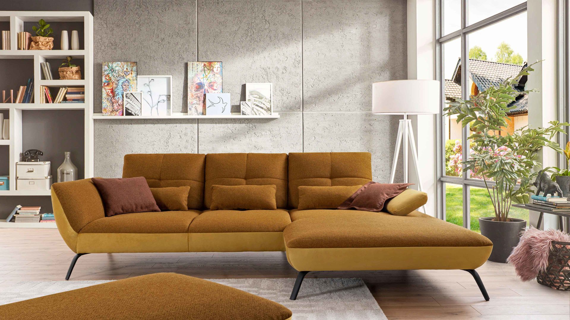 Ecksofa KAWOO aus Stoff in Gelb KAWOO Polsterprogramm Dover XC - Ecksofa senffarbener Bezug Portofino & goldfarbene Maschenware Riviera - Stellfläche ca. 301 x 191 cm