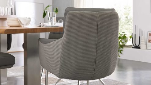 Schwingstuhl Interliving aus Leder in Grau Interliving Esszimmer Serie 5116 – Armlehn-Schwingstuhl grauer Materialmix Leder & Cord Fo-Sh, Edelstahlgestell F3