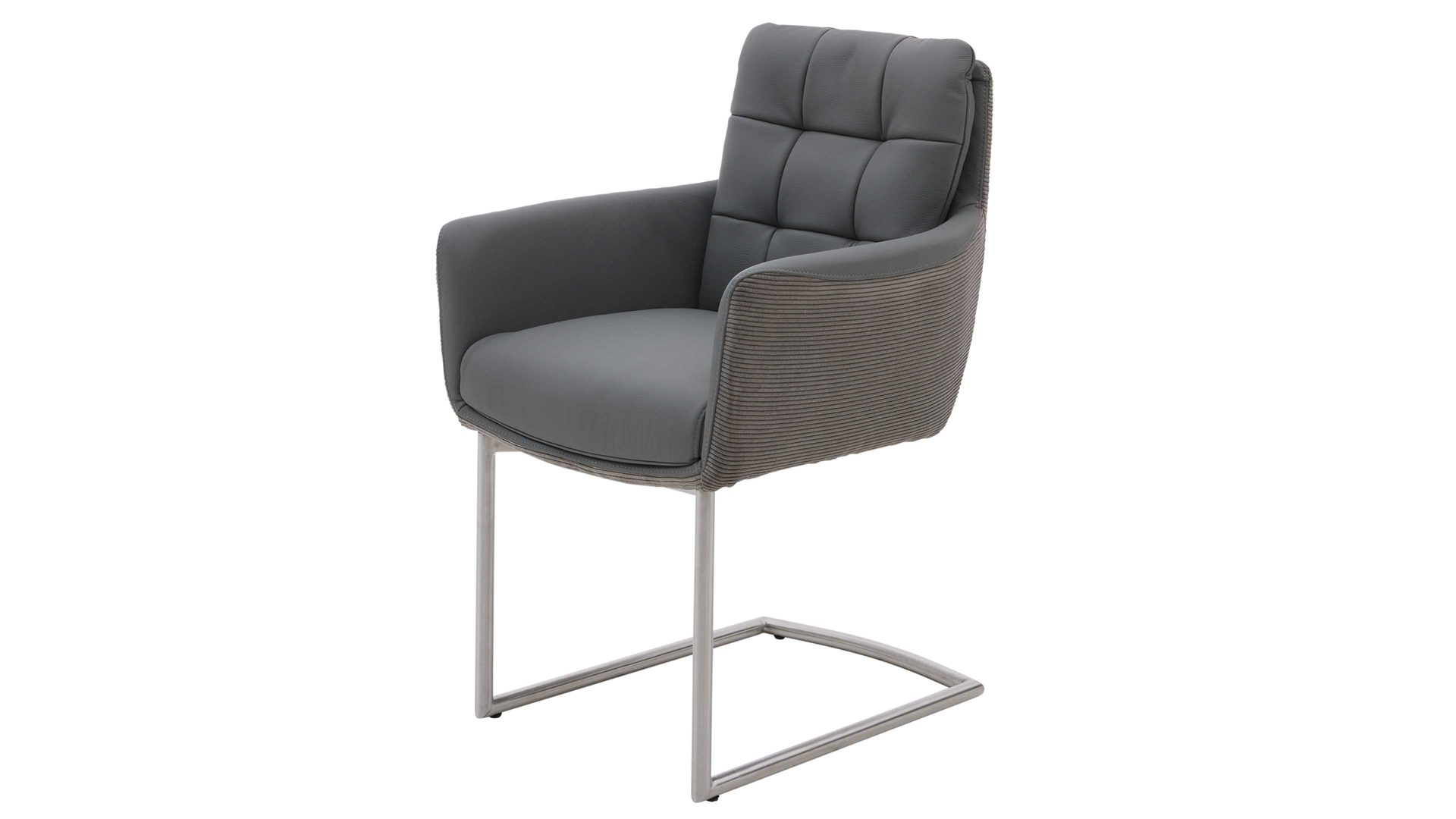 Schwingstuhl Interliving aus Leder in Grau Interliving Esszimmer Serie 5116 – Armlehn-Schwingstuhl grauer Materialmix Leder & Cord Fo-Sh, Edelstahlgestell F3