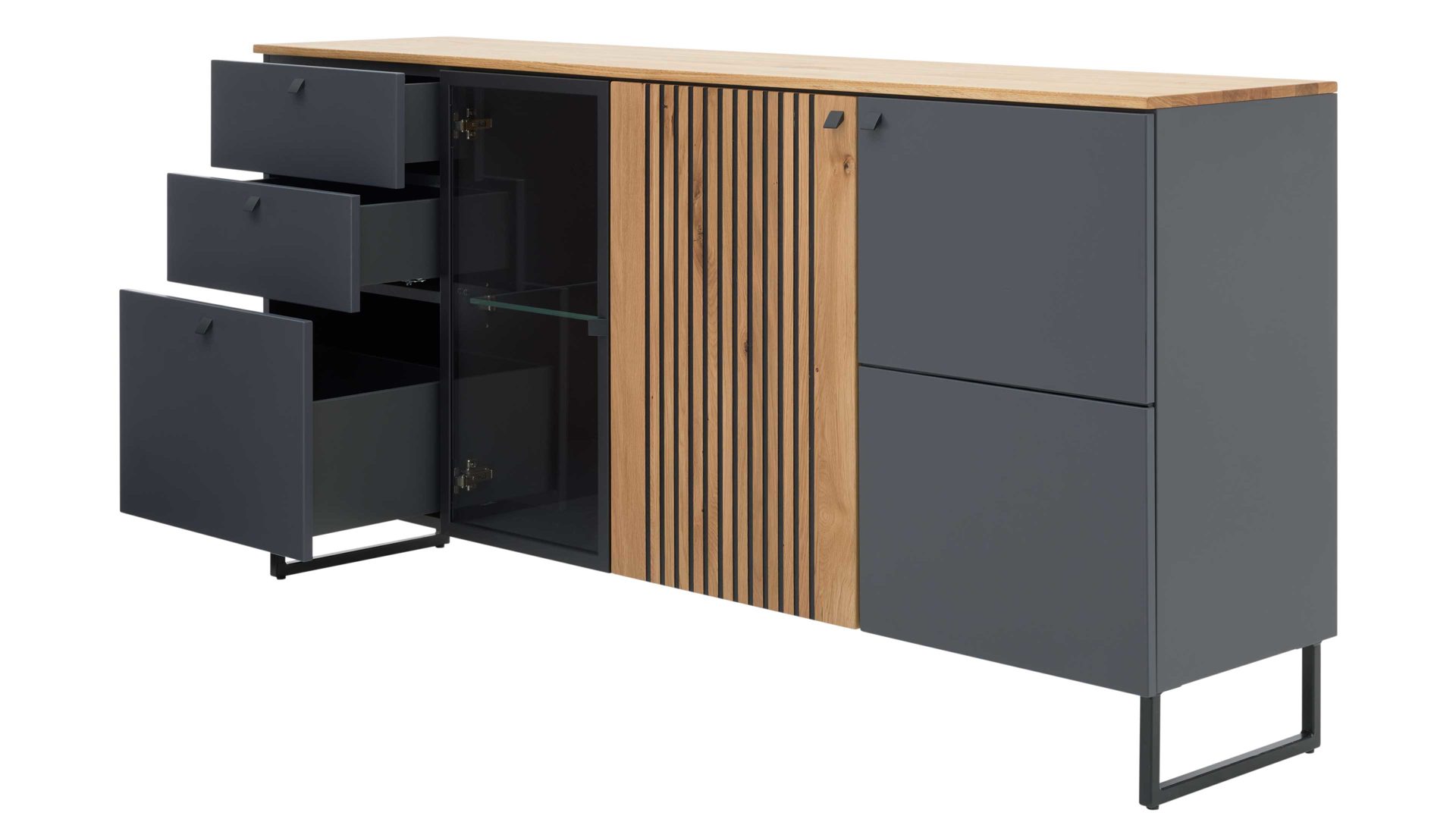 Sideboard Interliving aus Holz in Dunkelgrau Interliving Esszimmer Serie 5605 – Sideboard 5704 quarzgrauer Lack & Charakter-Eiche - drei Türen, drei Schubladen, Breite ca. 183 cm