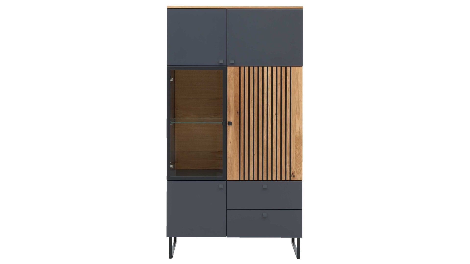 Highboard Interliving aus Holz in Dunkelgrau Interliving Esszimmer Serie 5605 – Highboard quarzgrauer Lack & Charakter-Eiche - fünf Türen, zwei Schubladen, Breite ca. 86 cm