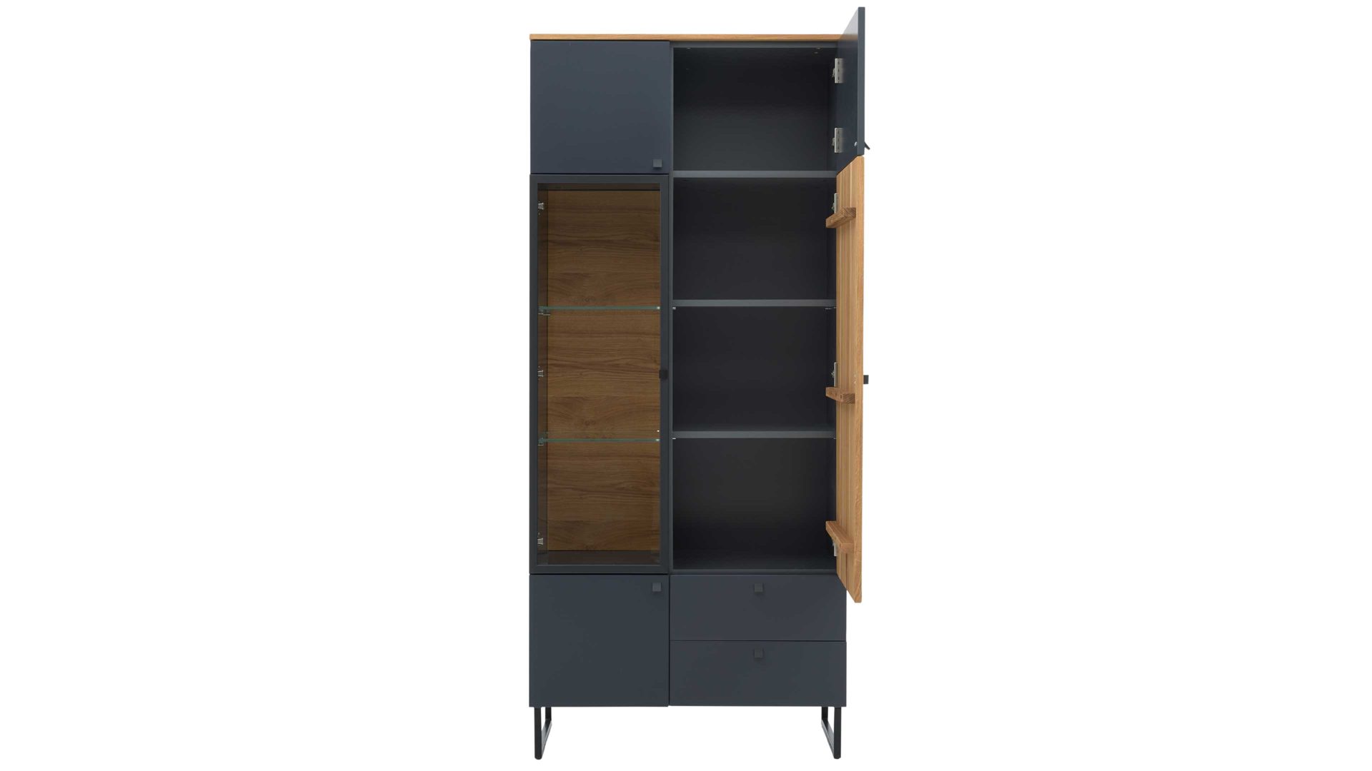 Vitrine Interliving aus Holz in Dunkelgrau Interliving Esszimmer Serie 5605 – Vitrine quarzgrauer Lack & Charakter-Eiche - fünf Türen, zwei Schubladen, Höhe ca. 194 cm