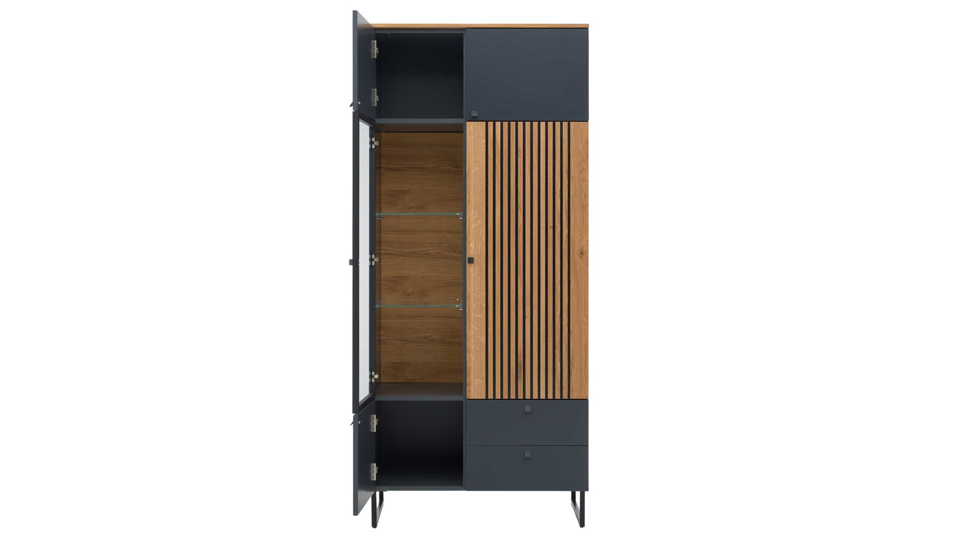 Vitrine Interliving aus Holz in Dunkelgrau Interliving Esszimmer Serie 5605 – Vitrine quarzgrauer Lack & Charakter-Eiche - fünf Türen, zwei Schubladen, Höhe ca. 194 cm