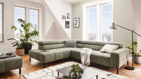 Ecksofa SOFAkultur aus Stoff in Grün SOFAkultur Programm SK 745 - Ecksofa olivfarbener Feincord - Stellfläche ca.  276 x 219 cm