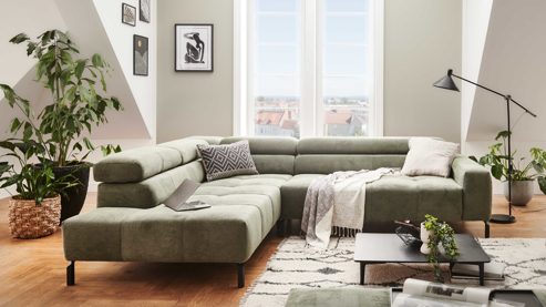 Ecksofa SOFAkultur aus Stoff in Grün SOFAkultur Programm SK 745 2.0 - Ecksofa olivfarbener Feincord - Stellfläche ca.  276 x 219 cm