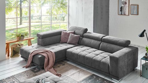 Ecksofa KAWOO aus Stoff in Anthrazit KAWOO Serie 7587 - Ecksofa bzw. Polstermöbel anthrazitfarbene Chenille XBO 9 – Stellfläche ca. 207 x 301 cm