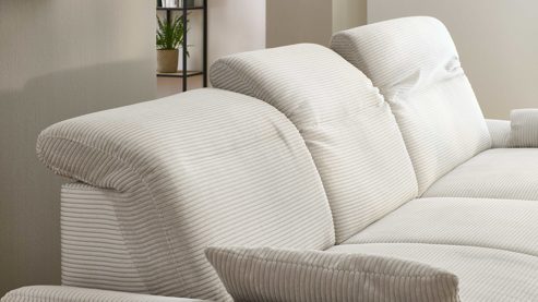 Ecksofa KAWOO aus Stoff in Hellgrau KAWOO Serie 7544 - Ecksofa mit Kopfteilverstellung hellgrauer Breitcord GCT 9 - Stellfläche ca. 326 x 187 cm
