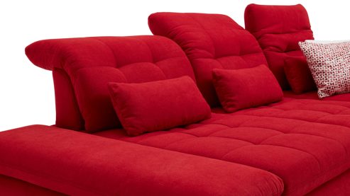 Ecksofa KAWOO aus Stoff in Rot KAWOO Serie Santa Lucia - Ecksofa bzw. Polstermöbel roter Bezug Miranda & chromfarbene Rollenfüße - Stellfläche ca. 305 x 199 cm