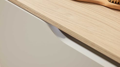 Waschtisch-Set / Waschbecken-Set Interliving aus Holz in Hellgrau Interliving Bad Serie 3720 - Badmöbel-Set Basis sandfarbenes Lacklaminat & Eiche Como - Länge ca. 138 cm