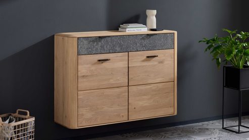 Schuhschrank Interliving aus Holz in Holzfarben Interliving Garderoben Serie 6014 - Schuhschrank Wildeiche & Granitfurnier - zwei Schubladen, zwei Türen, Breite ca. 135 cm