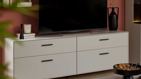 Lowboard Interliving aus Holz in Weiß Interliving Wohnzimmer Serie 2030 PLUS - Lowboard Sahara Creme & Granitfurnier - zwei Schubladen, Länge ca. 200 cm