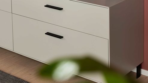 Lowboard Interliving aus Holz in Weiß Interliving Wohnzimmer Serie 2030 PLUS - Lowboard Sahara Creme & Granitfurnier - zwei Schubladen, Länge ca. 200 cm