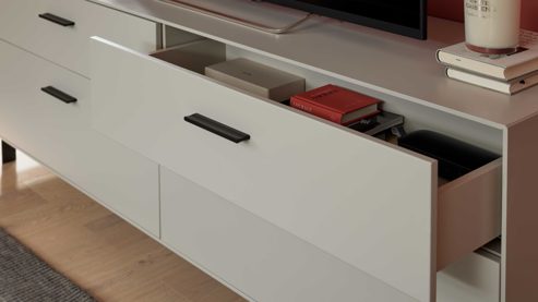 Lowboard Interliving aus Holz in Weiß Interliving Wohnzimmer Serie 2030 PLUS - Lowboard Sahara Creme & Granitfurnier - zwei Schubladen, Länge ca. 200 cm