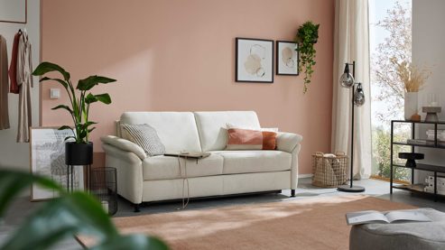 Schlafsofa Interliving aus Stoff in Weiß Interliving Schlafsofa Serie 4700 - Schlafsofa naturweißes Flachgewebe Cyber & schwarze Aluminiumfüße - Breite ca. 208 cm