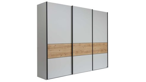 Kleiderschrank Interliving aus Holz in Holzfarben Interliving Kleiderschrank Serie 1205 – Schwebetürenschrank Champagner & Bianco Eiche – drei Türen, Breite ca. 300 cm