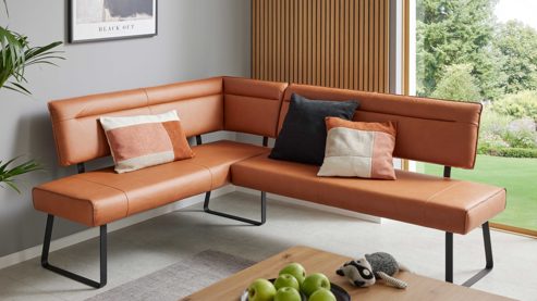 Eckbank Interliving aus Stoff in Hellbraun Interliving Esszimmer Serie 5505 - Eckbankkombination caramelfarbene Mikrofaser 925-72 & schwarzes Metall - Stellfläche ca. 169 x 215 cm