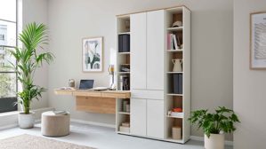 Wohnwand Interliving aus Holz in Weiß Interliving Wohnzimmer Serie 2031 - Homeoffice-Kombination Tonweiß & Risseiche - Länge ca. 255 cm