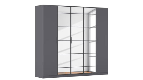 Kleiderschrank Rauch aus Holz in Dunkelgrau rauch ORANGE Acero - Drehtürenschrank Grau Metallic & Spiegel - fünf Türen, Breite ca. 225 cm