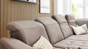 Ecksofa modulmaster aus Stoff in Braun Modulmaster MM-PP1188 - Wohnlandschaft nougatbraune Mikrofaser Mammut & geölte Wildeiche - Stellfläche ca. 243 x 341 cm